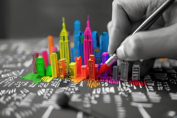Businessperson painting vibrant colors on grayscale cityscape, creative vision in commerce