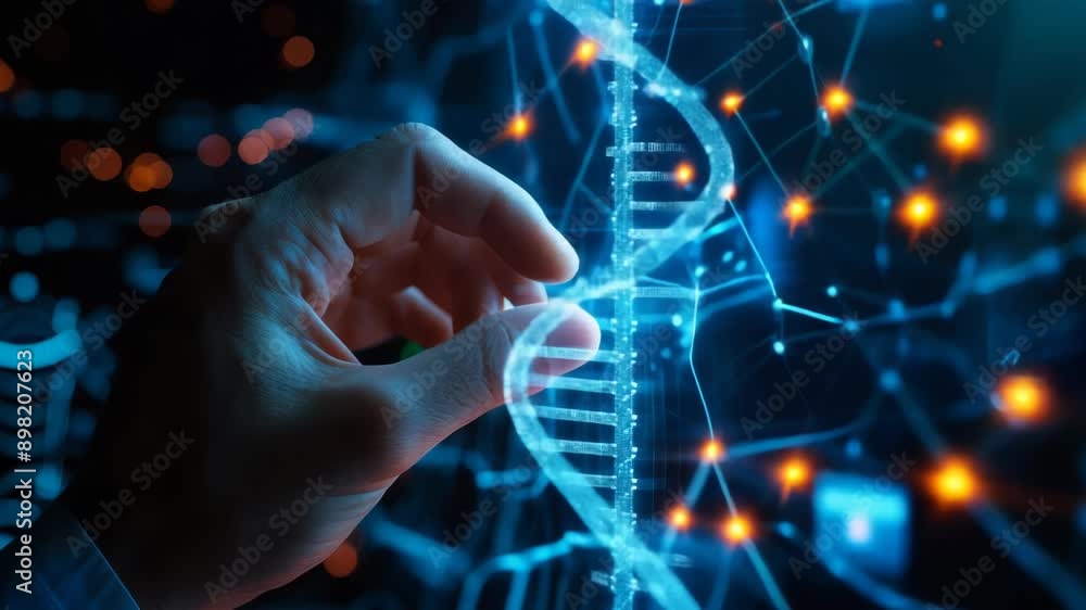 Poster futuristic hand interacting with glowing dna helix in bioinformatics network, concept of molecular b