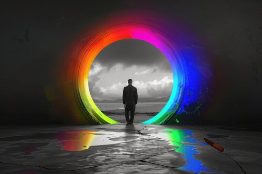 Businessperson stepping through portal from grayscale to colorful world, embracing change, with copy space