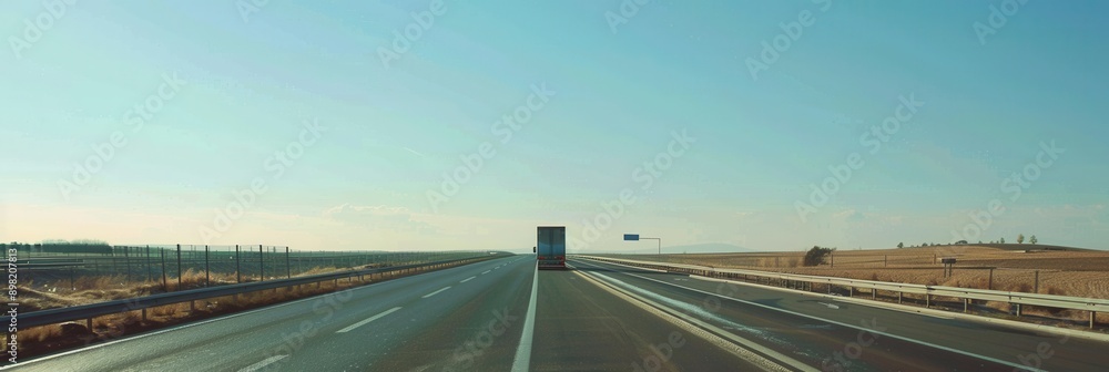 Aufkleber a semi-truck drives on a paved highway with a wide open horizon and blue sky in the background. gene