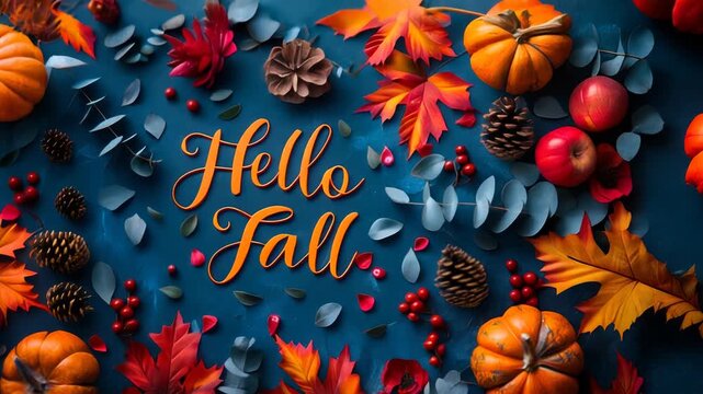 Festive Autumn Flat Lay with Vibrant Fall Leaves, Pumpkins, Pine Cones, and Seasonal Flora Surrounding Hello Fall Message