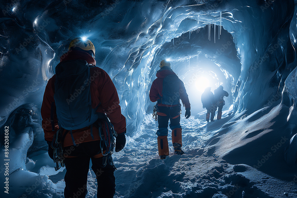 Canvas Prints Icy Cave Exploration with Headlamp Group