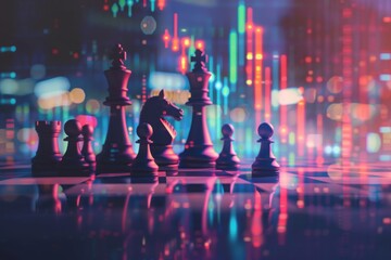Chess pieces on giant stock market graph, strategic investment planning, with copy space