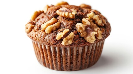 Obraz premium moist banana nut muffin with visible chunks of banana and walnuts, set against a white background to highlight its dense texture and nutty aroma.
