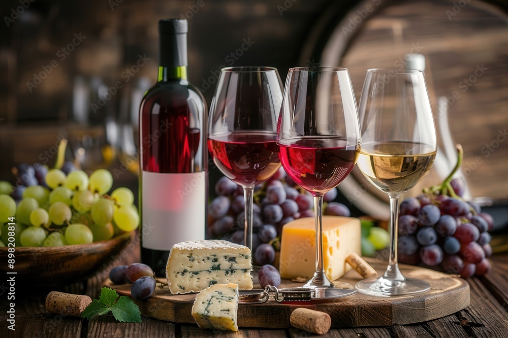 Poster two glasses of red wine and one of white wine are set on a wooden table with a bottle of red wine, g