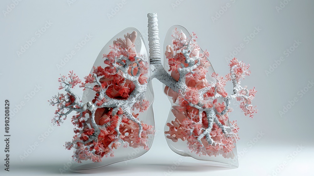 Fototapete hyper-realistic 3d rendering of human lungs with detailed bronchi and alveoli, set against a white b