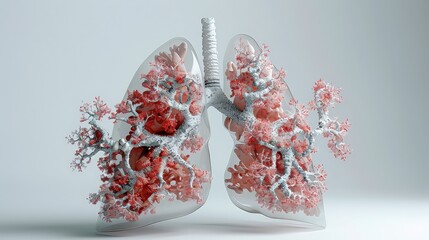  hyper-realistic 3D rendering of human lungs with detailed bronchi and alveoli, set against a white background to emphasize their delicate and complex architecture.
