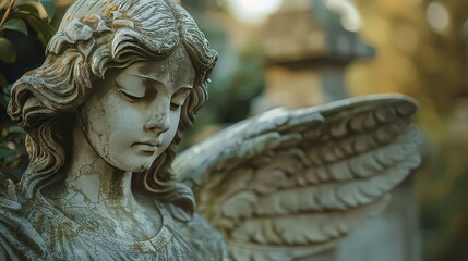 detailed angel statue in a cemetery, with its delicate wings and serene expression, set against a white background to emphasize its ethereal and timeless quality.