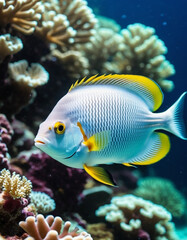 Vibrant orange white yellow blue red reef fish swim through coral reef. Sun rays pierce sea water. Variety of animal. Ecology hydrosphere. Anthropogenic factor influencing death of coral reefs. AI