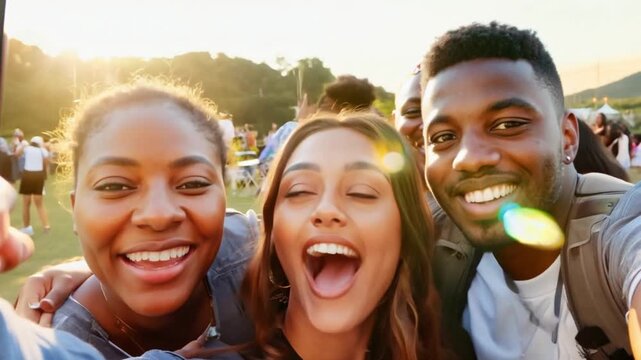 A group of happy people is sharing a fun moment. Young friends take a selfie picture during a leisure event. The team is traveling together. Smiling community portrait looking at camera