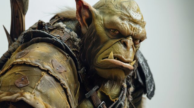 stealthy orc scout with light armor and a keen expression, set against a white background to emphasize its role as a tracker and spy.