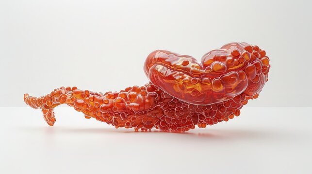 3D rendering of a human pancreas, highlighting its lobular structure and surrounding ducts, set against a white background to emphasize its detailed realism.