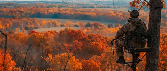 Bow hunter taking a break on a tree stand, overlooking a colorful fall landscape, blending hunting...