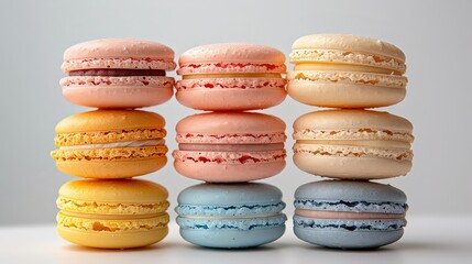Obraz premium tower of pastel-colored macarons, stacked elegantly on a white background, highlighting their delicate textures and vibrant hues.