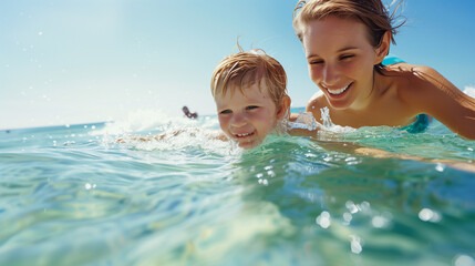 caucasian mother and son practicing surfing