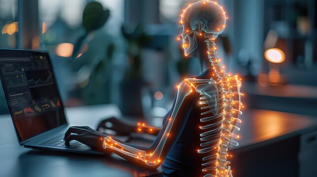 A side view of a person slumped over their desk, with a clear curve in their spine, highlighting the long-term effects of poor posture on physical health.