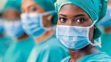An African female surgeon, dressed in blue scrubs and a mask, leads her team through a surgical procedure in the operating room.