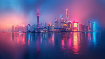 Fototapeta premium A city skyline with a tall tower in the background