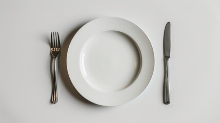minimalist setup with a white plate, fork, and knife neatly arranged on a white surface, emphasizing simplicity and the anticipation of a meal.