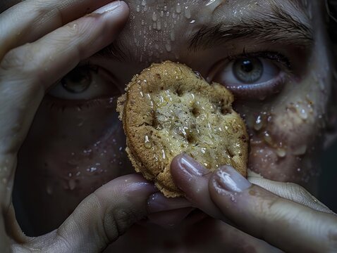 A close-up of hands maneuvering a precariously balanced cookie on a contestant face, beads of sweat and focused eyes reflecting the tension, sharp details and shallow depth of field emphasizing