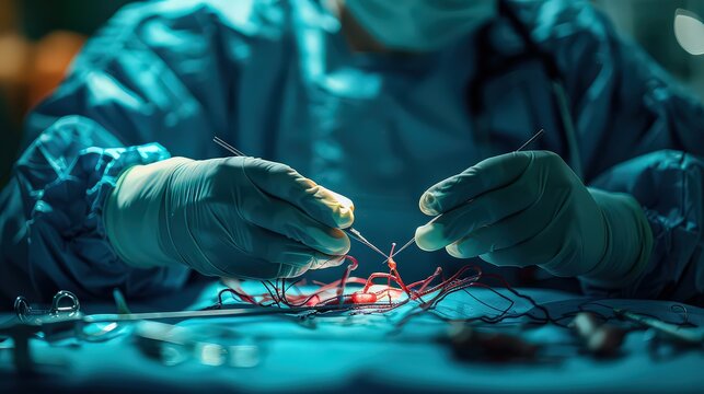 detailed shot from an operating room where a surgeon is performing vascular surgery, focusing on the precision and intricacy of the procedure.