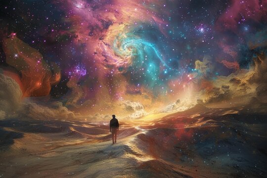person standing in a vast, surreal desert landscape under a starry sky, with colorful nebulae and galaxies swirling above, representing the enormity of emotions and the longing for release from grief