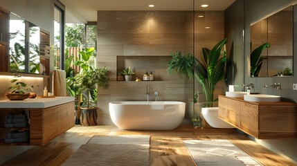 bathroom designed with sustainability in mind, showcasing water-saving fixtures, energy-efficient lighting, and recycled or eco-friendly materials.