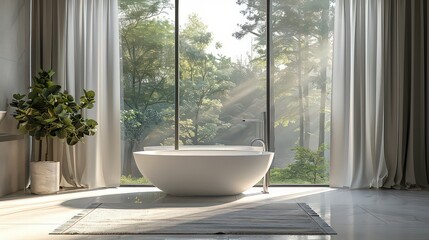 Fototapeta premium modern soaking tub positioned by a large window, with natural light streaming in, set against a white background to highlight its luxurious and serene ambiance.