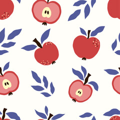 Modern pattern with fruits. Colorful texture with apples and abstract leaves. Design for notepad cover, textile and wallpaper.