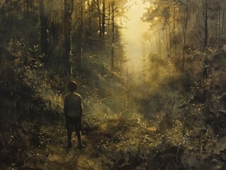 young protagonist standing at the edge of a dense forest, bathed in golden morning light, symbolizing the journey from innocence to experience, evoking a sense of wonder and anticipation f