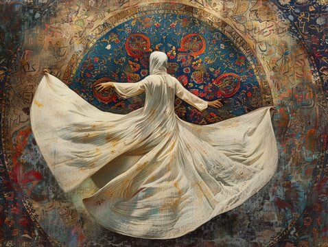 Sufi whirling dervish, with the dervish's white robe billowing gracefully in a circular motion, set against a deep, richly textured backdrop of traditional Middle Eastern patterns