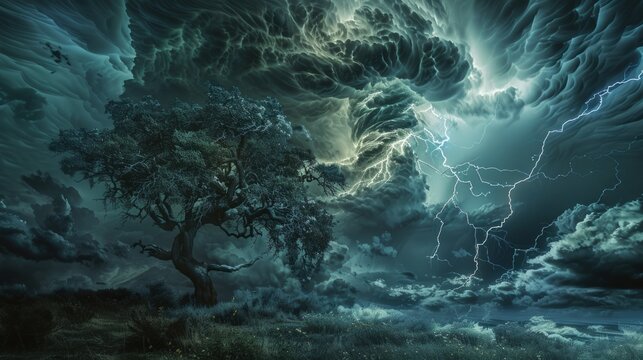 raw power of a derecho with intense lightning strikes and windswept rain. The scene is set against a backdrop of dark, swirling clouds illuminated by flashes of lightning.