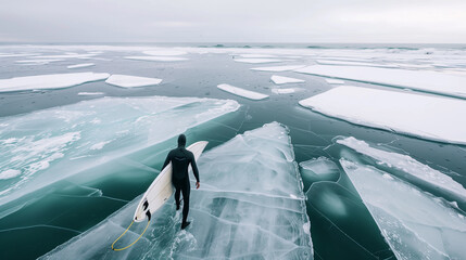 Naklejka premium Man carrying surfboard while standing in icy sea