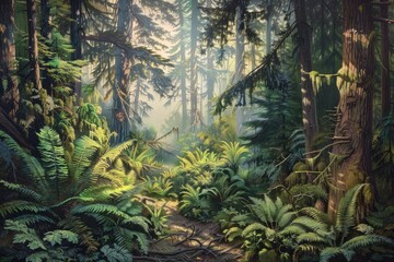 Obraz premium A lush forest scene showing the gradual transformation of plant life, from primitive ferns to towering redwoods, captured in vivid greens and natural light