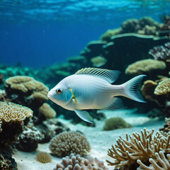 Naklejka premium Vibrant orange white yellow blue red reef fish swim through coral reef. Sun rays pierce sea water. Variety of animal. Ecology hydrosphere. Anthropogenic factor influencing death of coral reefs. AI