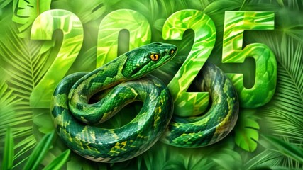 A green snake coils around the numbers 2025 in a jungle setting.