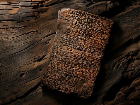 Linear B clay tablet, showcasing intricate script in warm earth tones, set against a dark, weathered wooden background, ancient craftsmanship