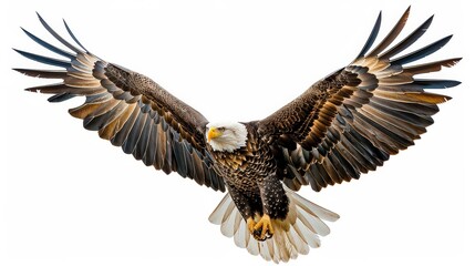 Obraz premium Display a bald eagle soaring with outstretched wings, set against a white background to symbolize strength, freedom, and national pride.