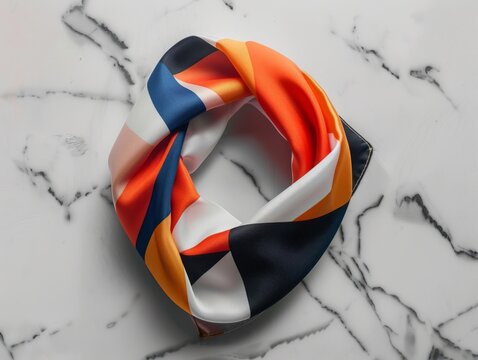neatly folded bandana resting on a smooth marble surface, its geometric patterns and bold colors creating a striking visual contrast, framed to emphasize simplicity and elegance