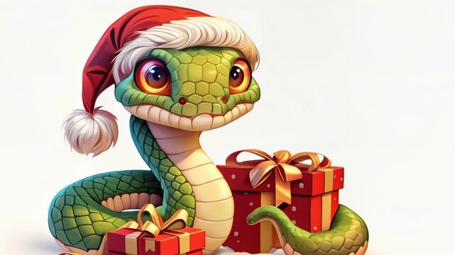 A green snake wearing a Santa hat sits with two wrapped gifts.
