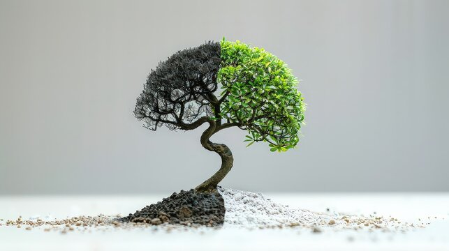  tree with one side flourishing with leaves and the other barren, set against a white background to represent the cyclical nature of life and balance.