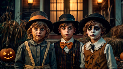 Obraz premium Group of children in Halloween costumes posing in front of the house.