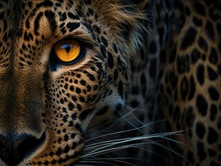 Obraz premium close-up of a leopard's face with intense yellow eyes in a dark background