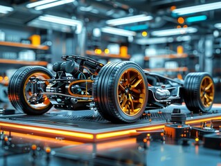 Fototapeta premium Futuristic electric sport car chassis and battery packs in factory prototype showcase banner