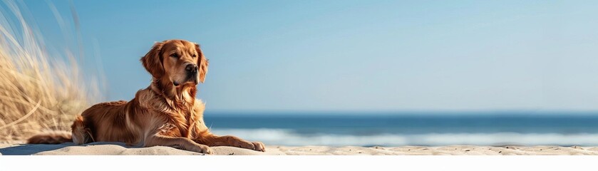 Obraz premium Golden retriever basking in sun rays on a beach, embodying loyalty and leisure, Perfect Day