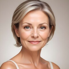 Fototapeta premium A 50 year old caucasian lady with blonde hair and illuminated healthy complexion, showcasing smooth skin and a calm expression, reflecting the effects of a recent beauty treatment
