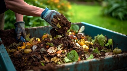 Person composting food waste in backyard compost bin garden