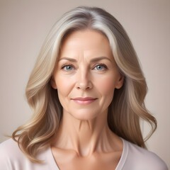 Naklejka premium A 50 year old Caucasian lady with blonde gray hair and illuminated healthy complexion, showcasing smooth skin and a calm expression, reflecting the effects of a recent beauty treatment