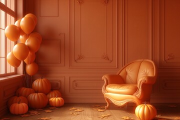 Obraz premium Autumnal Interior with Orange Balloons, Pumpkins, and a Plush Armchair