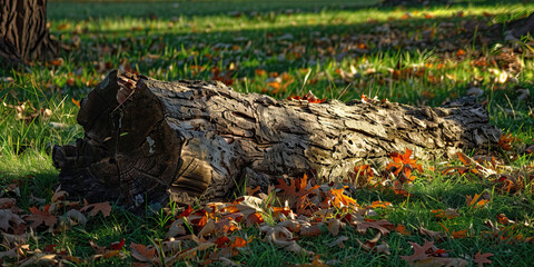Obraz premium Unplugged Nature: A tree trunk, stripped of bark, lies on the grass, surrounded by fallen leaves.